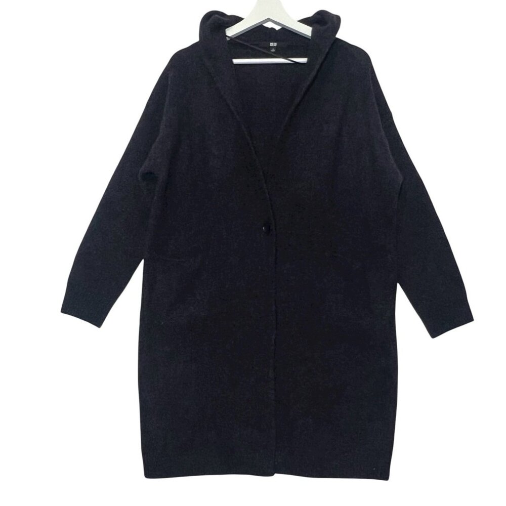 Uniqlo Women’s Long Cardigan 100% Wool Sweater Hooded Small Gray Pockets Button - Picture 4 of 12